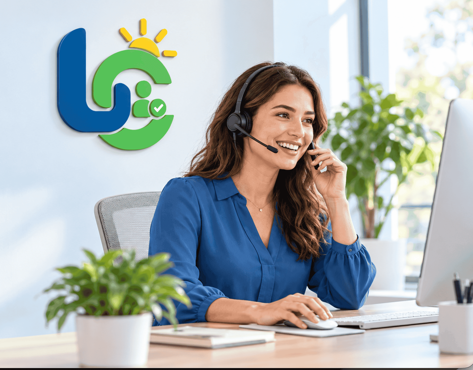 LeadColl calling agent wearing a headset, speaking with a homeowner at a modern office workstation
